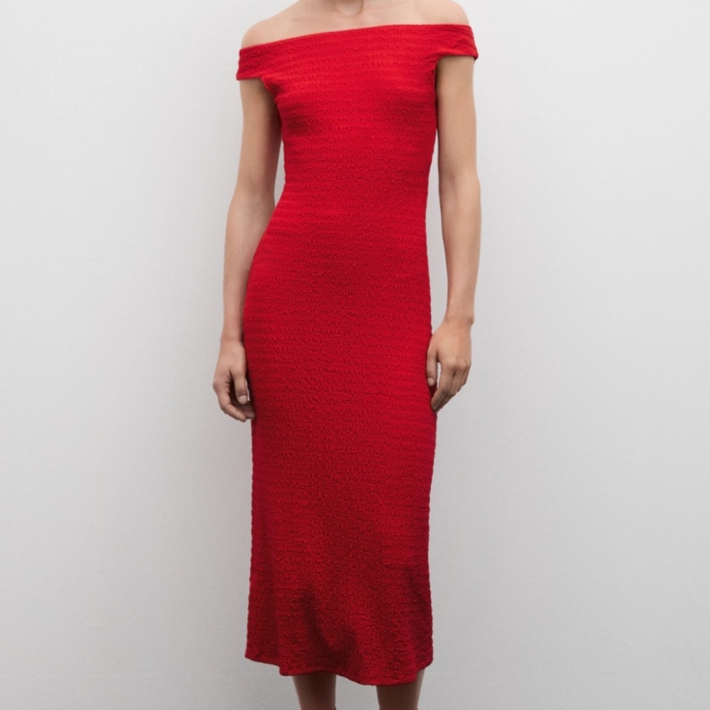 Mango Red Off-Shoulder Midi Dress